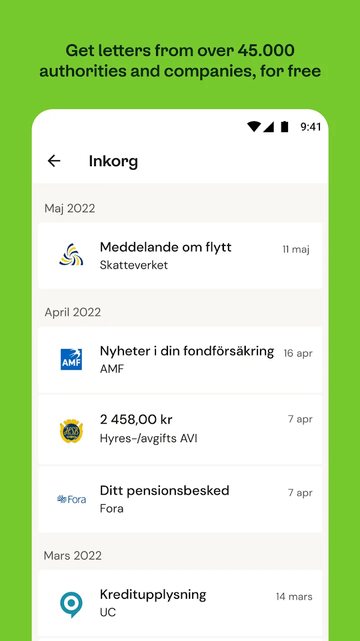 Kivra inbox with letters from authorities and companies