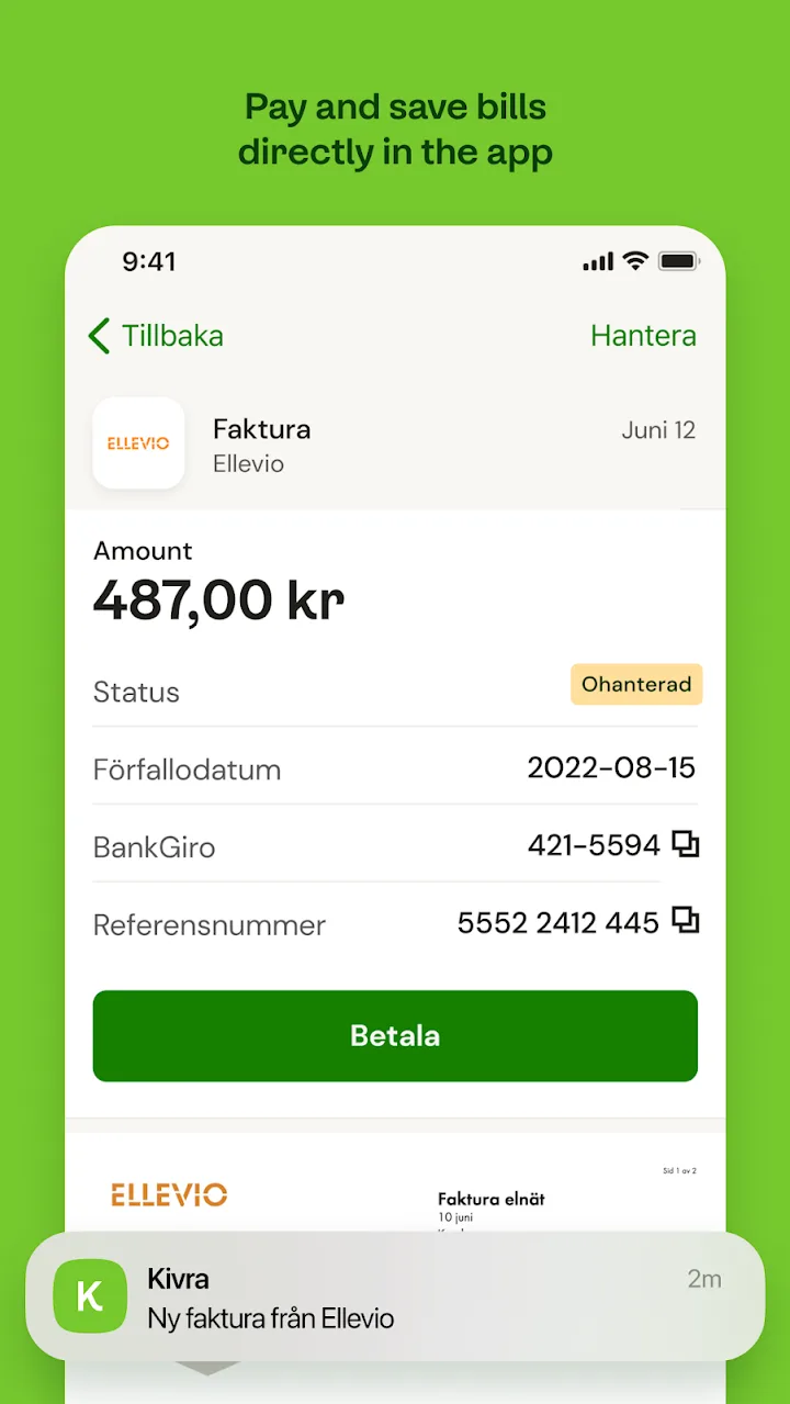 Kivra invoice screen where bills are paid in the app