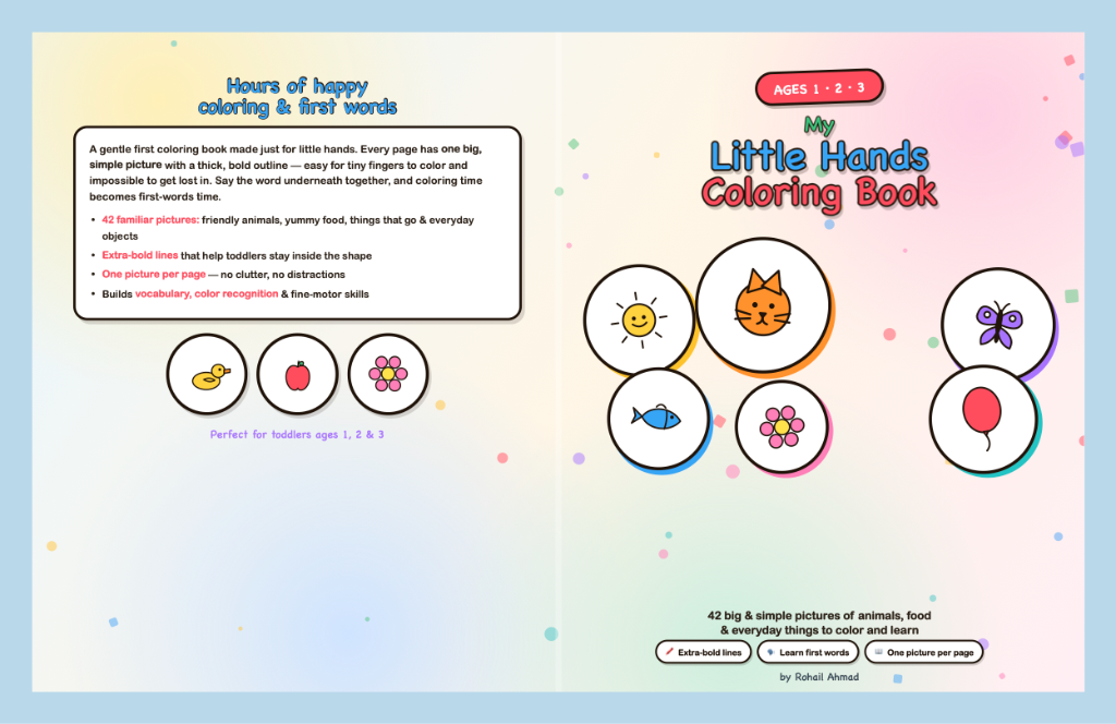 My Little Hands Coloring Book Full Cover Spread with Front, Back and Featured Illustrations